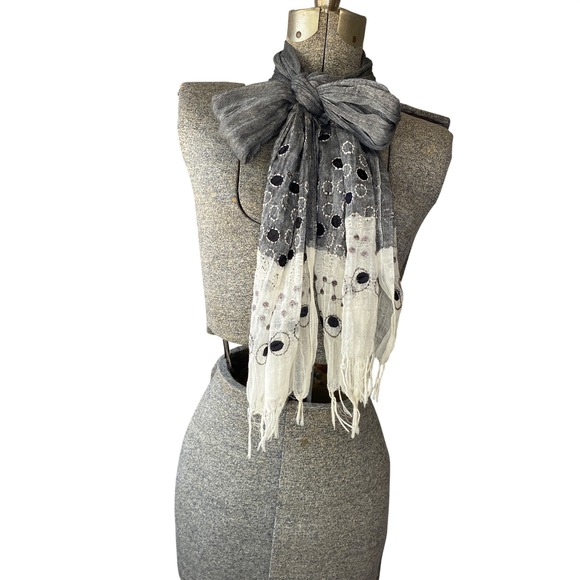 Unbranded Accessories - Grey White Eyelet Embroidered Fringe Oblong Scarf Lightweight Boho Wrap